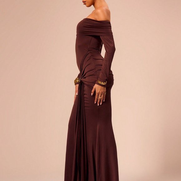 Coffee Party Women's Off Shoulder Long Sleeve Maxi Dress Vacation Romantic - Picture 3 of 4